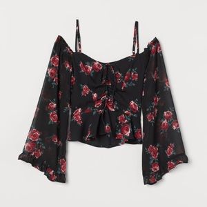 Black red roses open shoulder blouse